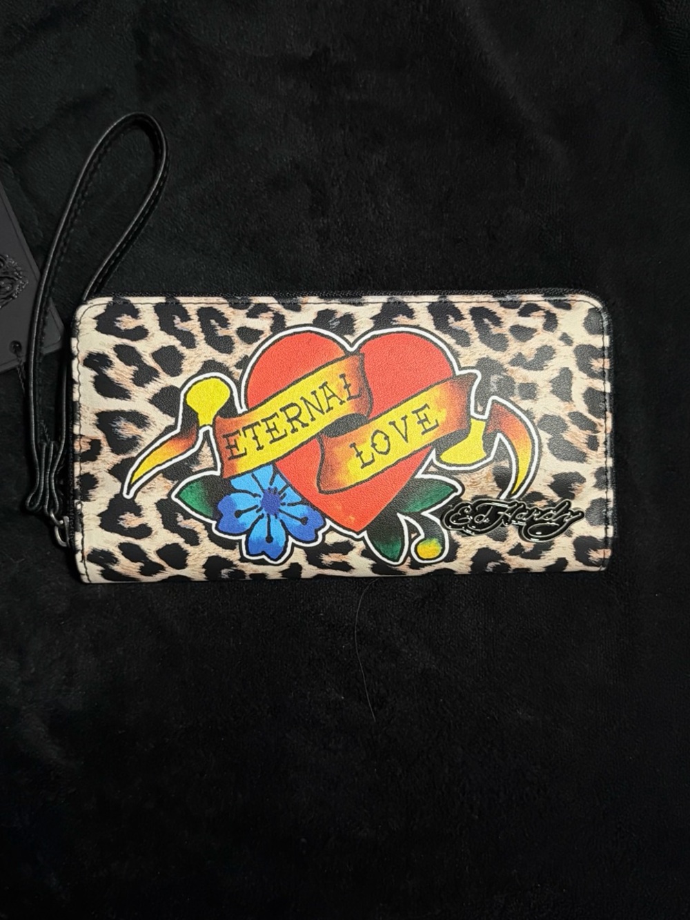 Ed Hardy leopard print Black Leather Wristlet Strap